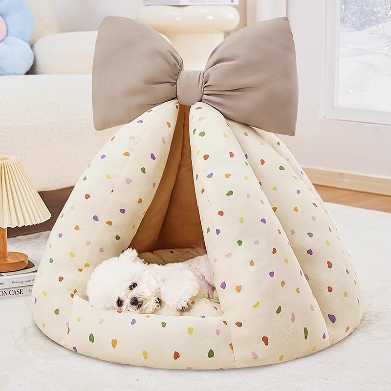 Bow Plush Teepee Style Soft Comfy Cushion House Bed for Small Pet