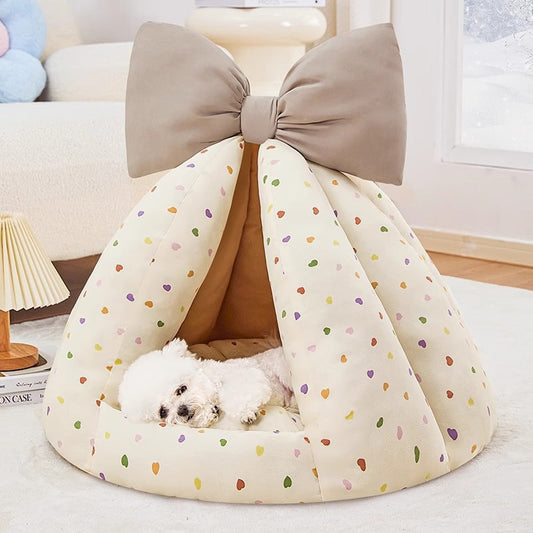 Bow Plush Teepee Style Soft Comfy Cushion House Bed for Small Pet