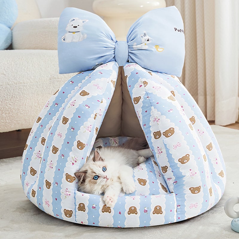 Bow Plush Teepee Style Soft Comfy Cushion House Bed for Small Pet