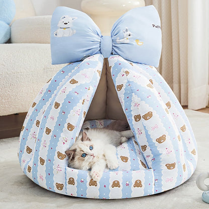 Bow Plush Teepee Style Soft Comfy Cushion House Bed for Small Pet