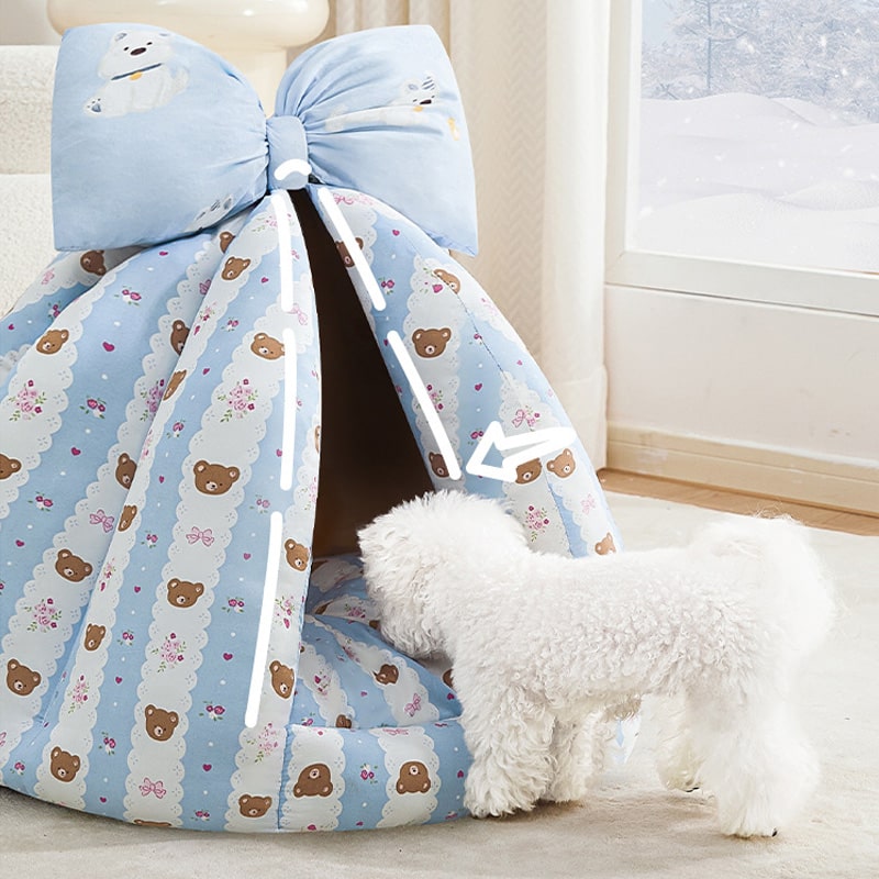 Bow Plush Teepee Style Soft Comfy Cushion House Bed for Small Pet