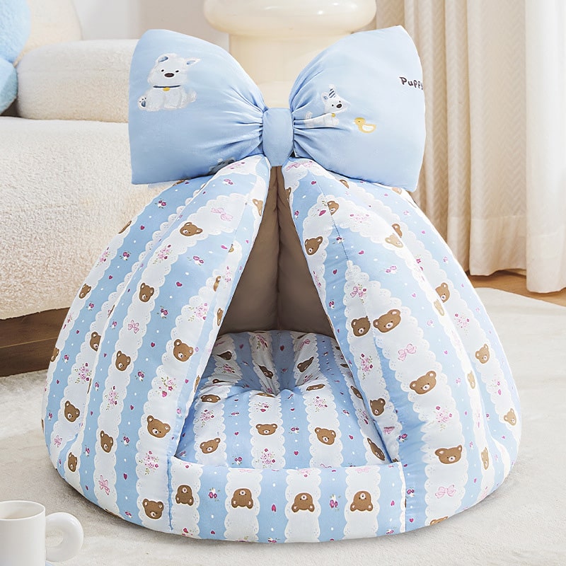 Bow Plush Teepee Style Soft Comfy Cushion House Bed for Small Pet