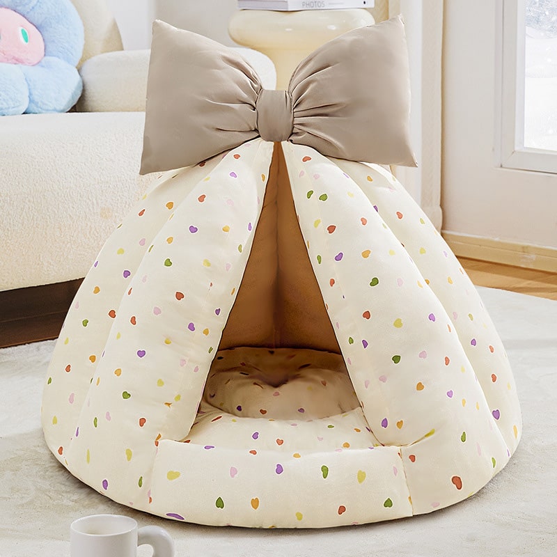 Bow Plush Teepee Style Soft Comfy Cushion House Bed for Small Pet
