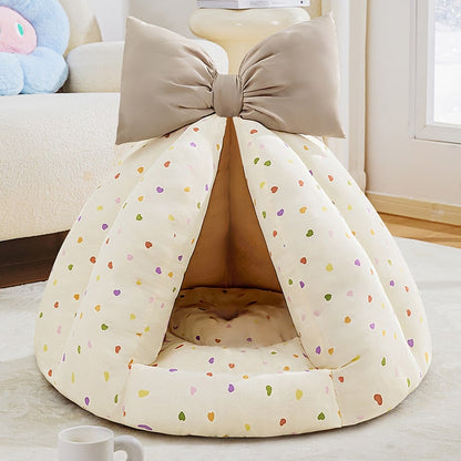 Bow Plush Teepee Style Soft Comfy Cushion House Bed for Small Pet