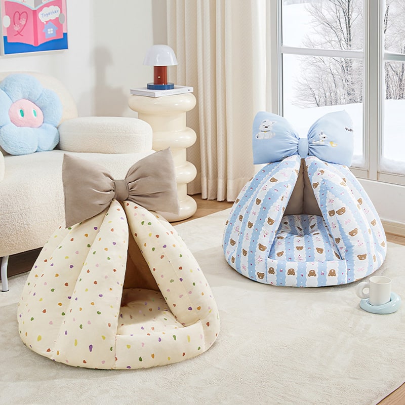 Bow Plush Teepee Style Soft Comfy Cushion House Bed for Small Pet