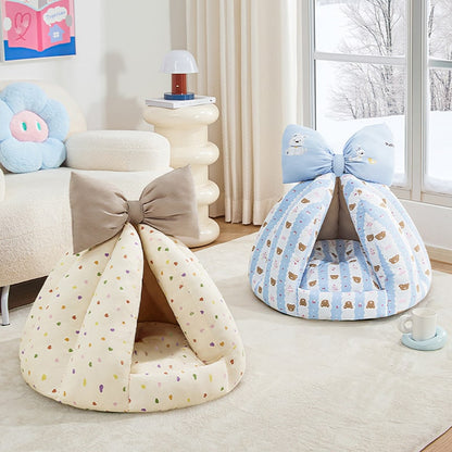 Bow Plush Teepee Style Soft Comfy Cushion House Bed for Small Pet