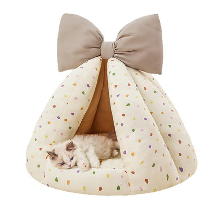 Bow Plush Teepee Style Soft Comfy Cushion House Bed for Small Pet